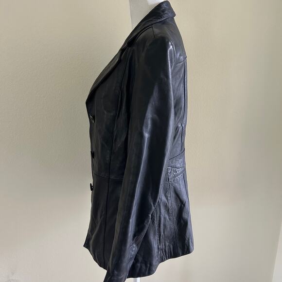 Anonymous John Carslisle Leather Jacket Women SZPM Black 3 Button Classic Blazer - Picture 3 of 12